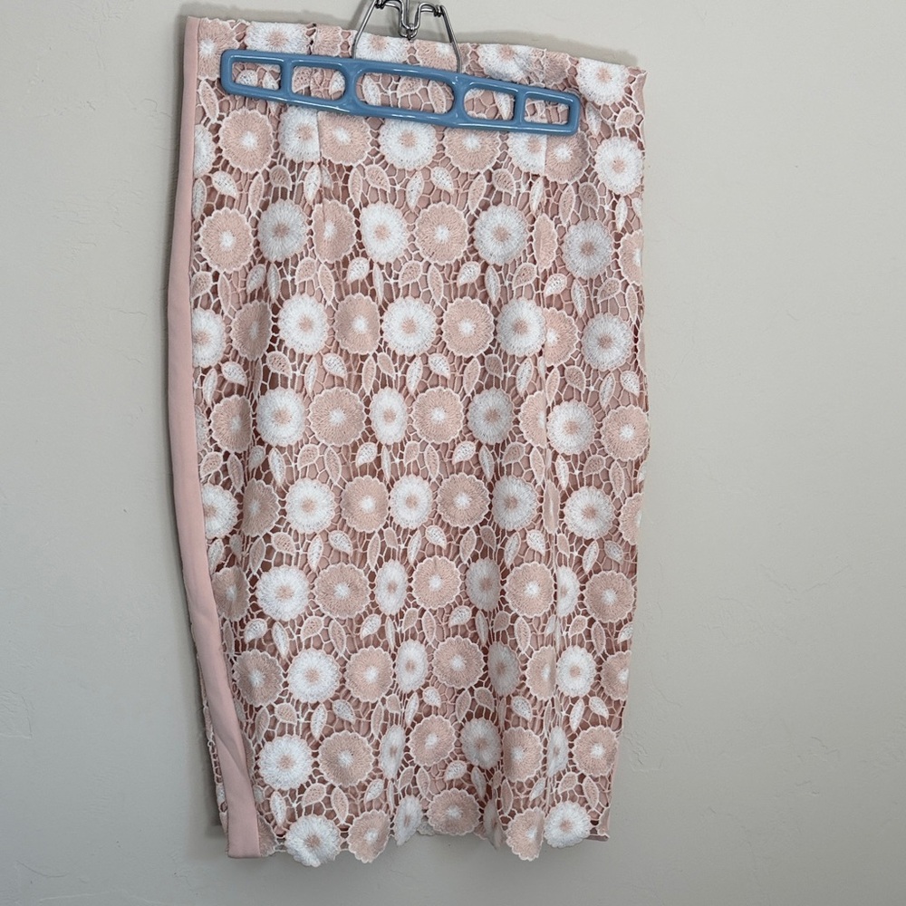 Calvin Klein Pink and White Floral Embroidered Pencil Skirt